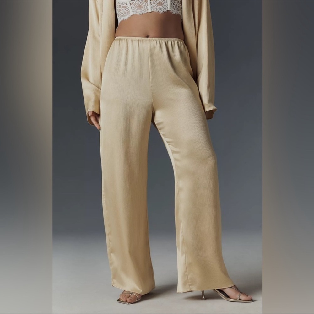 Anthropologie Cream Satin Wide-Leg Pants
